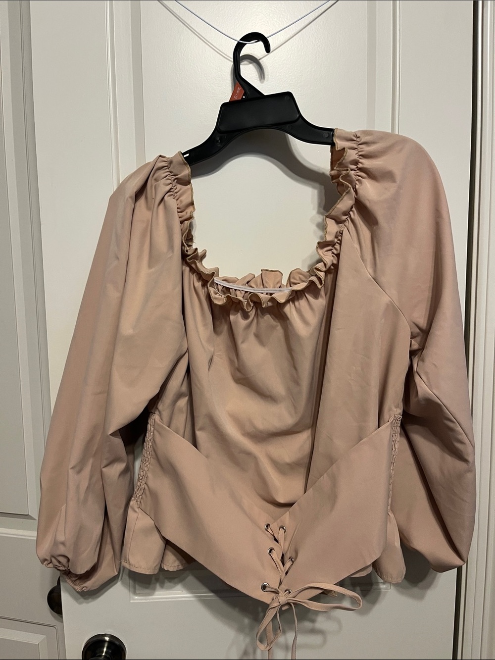 SHEIN Dusty Blush Ruffle-Neck Peasant Top with Lace-Up Waist